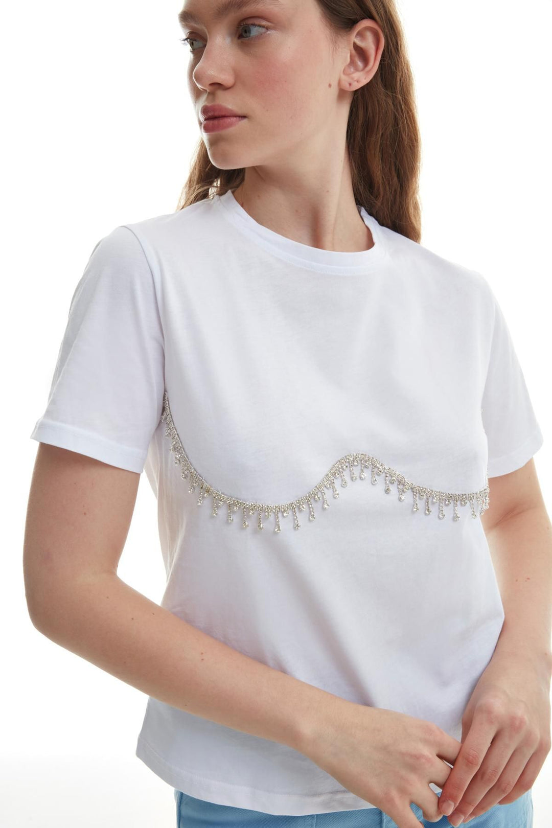 Taş İşlemeli Tişört Ekru