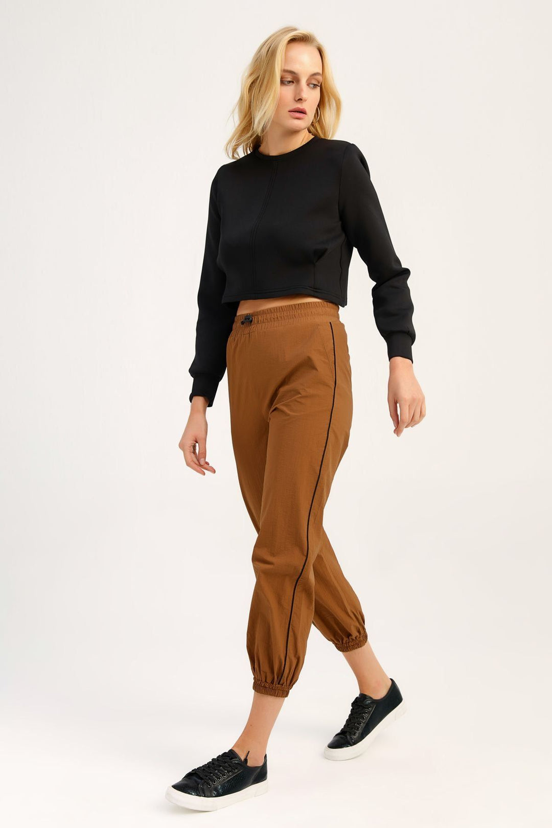 Elastic Tie Waist Jogger Pants Camel