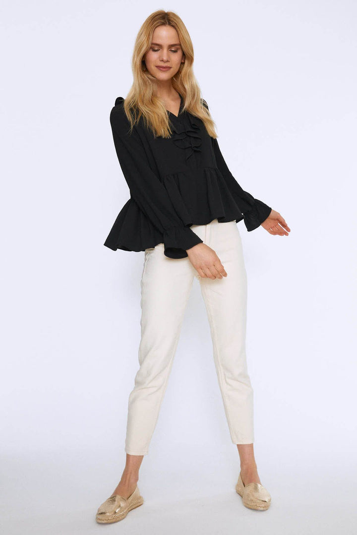Önü Fırfırlı V Yaka Bluz Siyah