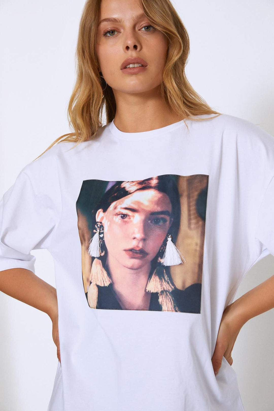 Oversize Baskılı Tişört Beyaz