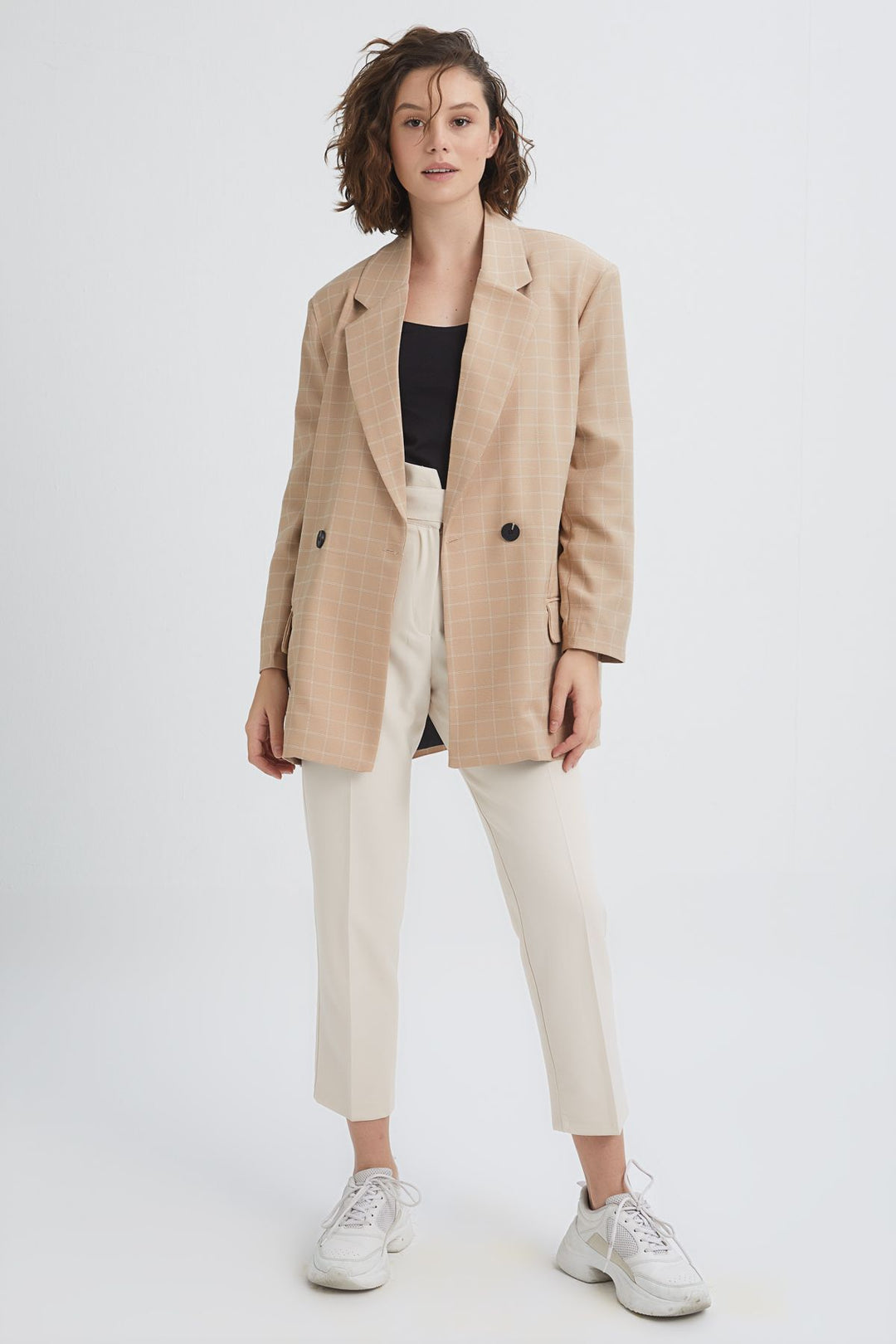 Kareli Oversize Blazer Ceket Bej