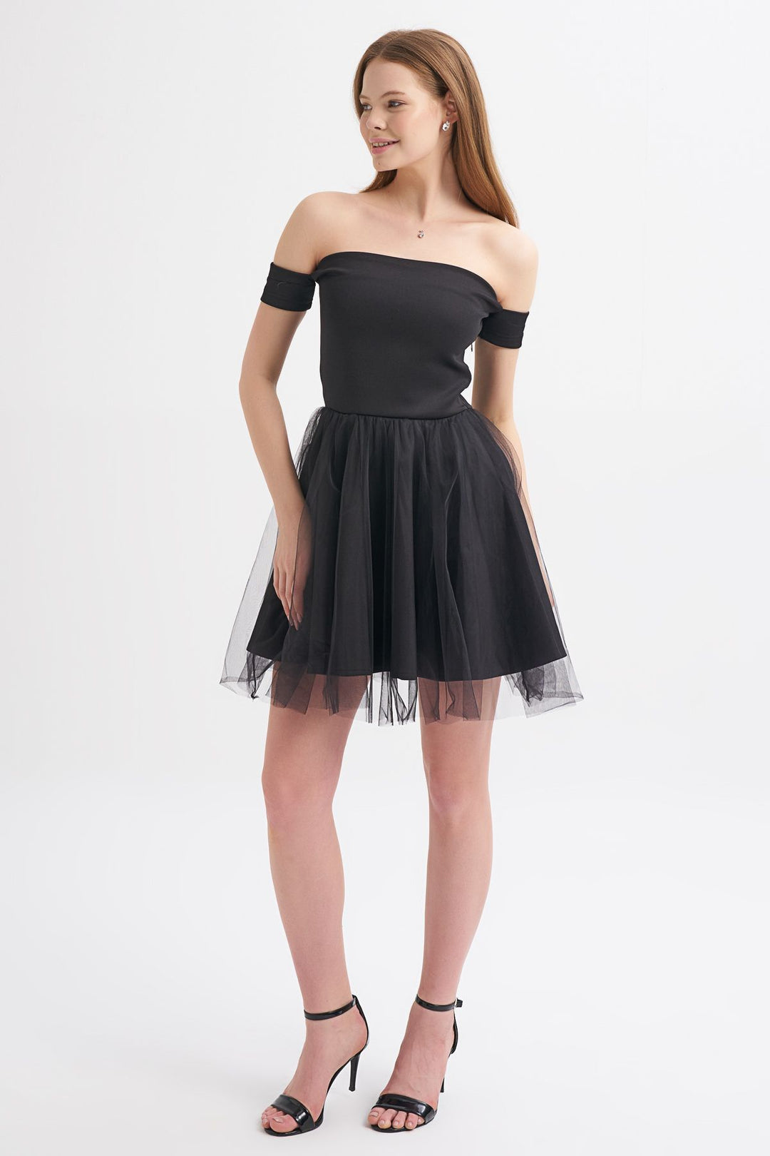 Tül Etek Askılı Mini Elbise Siyah