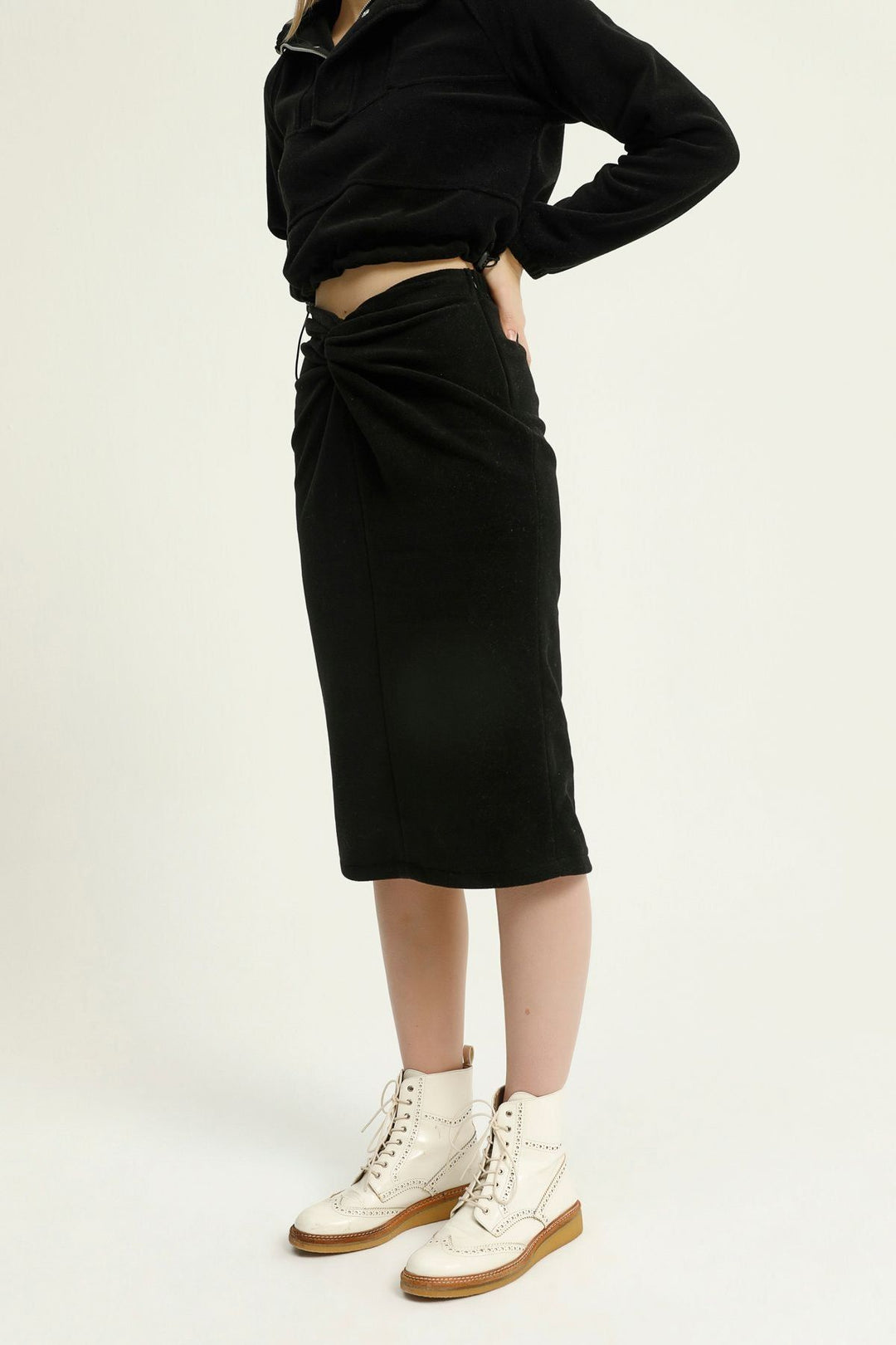 Düğüm Detaylı Polar Midi Etek Siyah