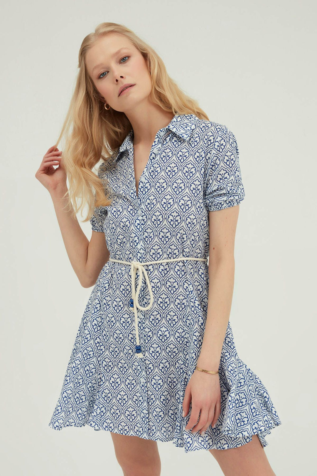 Gömlek Yaka Volanlı Mini Elbise Mavi