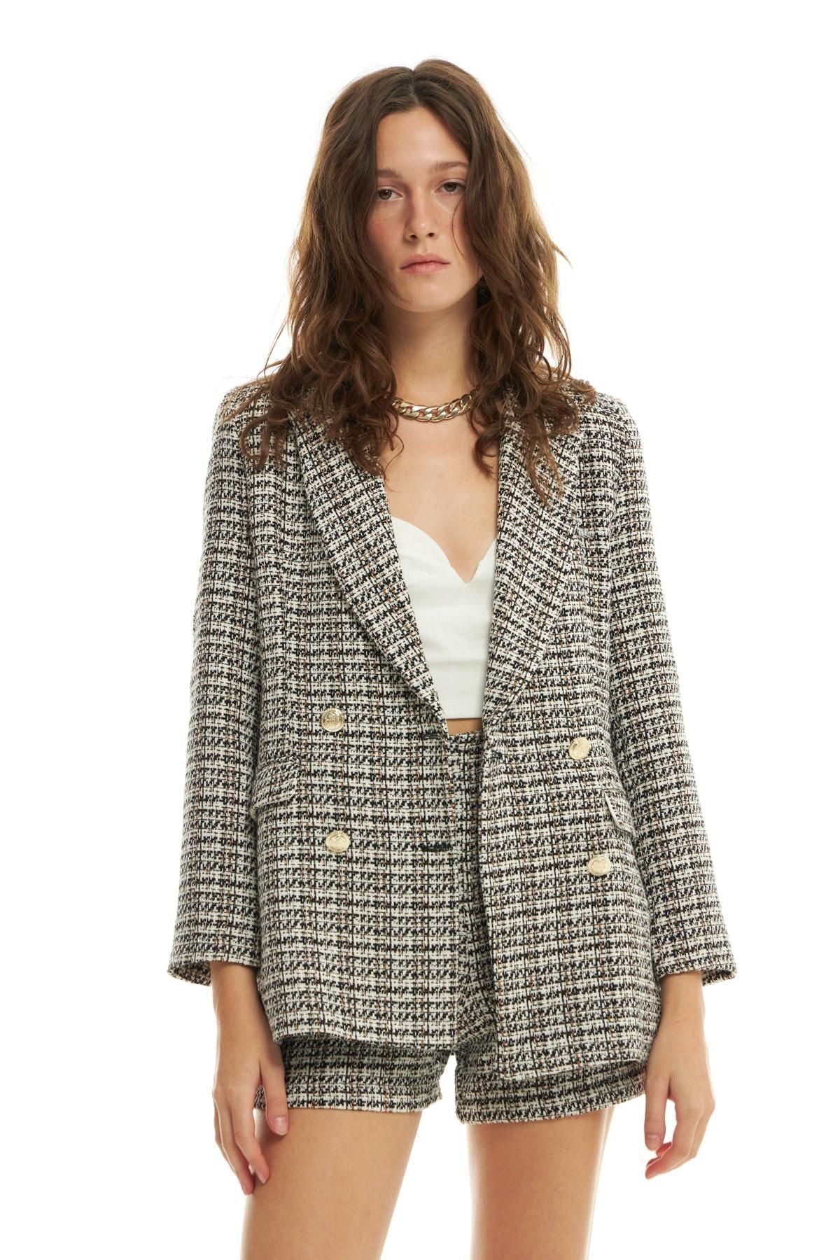 Button Detailed Tweed Blazer Jacket Black