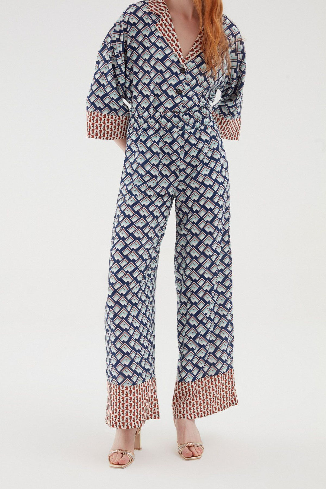 Renkli Desenli Bol Paça Pantolon Mavi