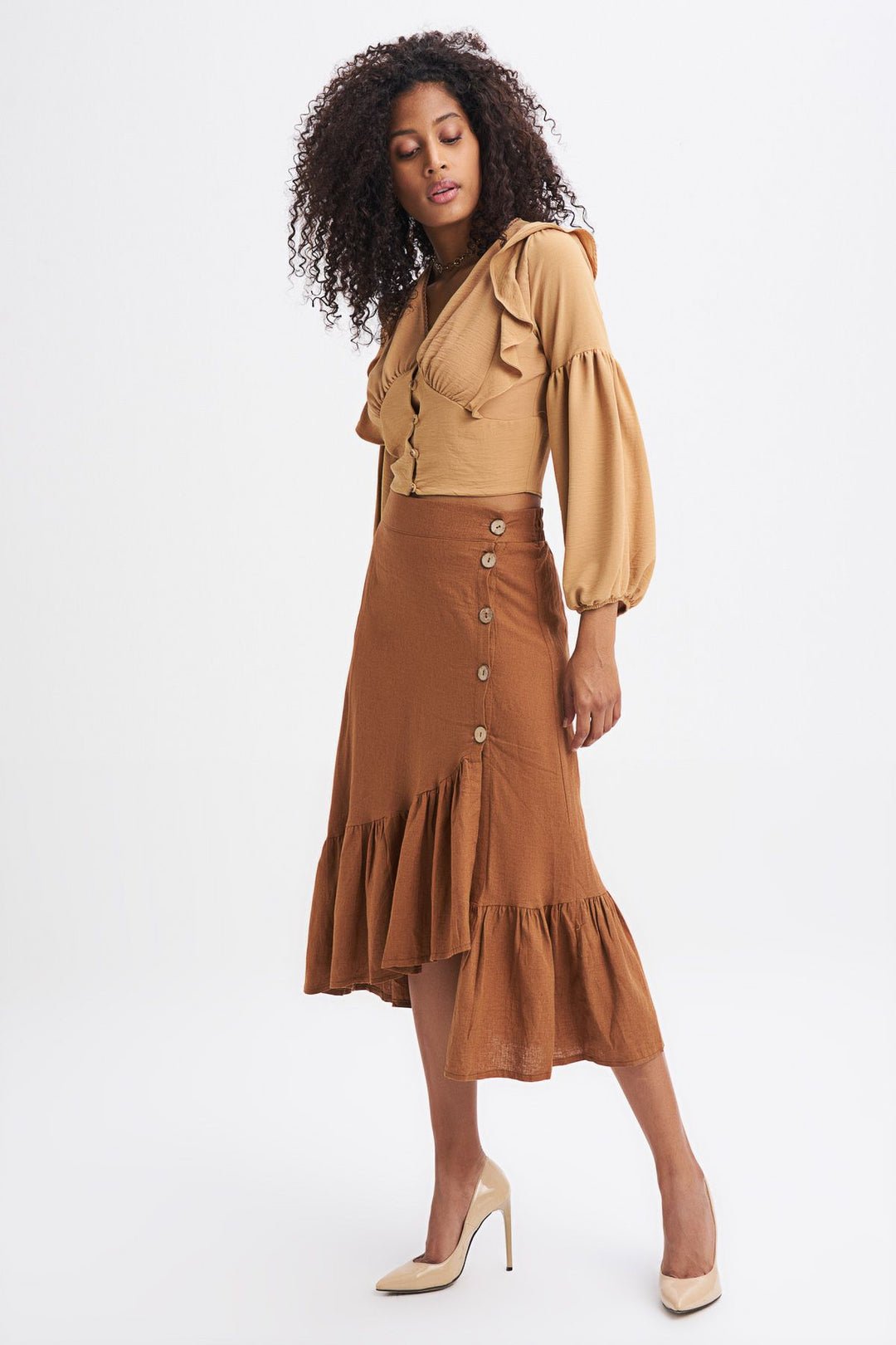 Buttoned Slit Linen Skirt Brown