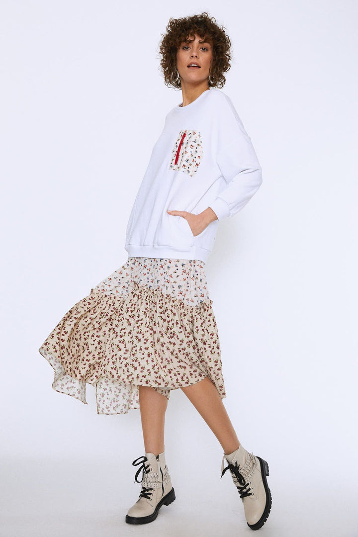 Patterned Pocket Detailed Dress White