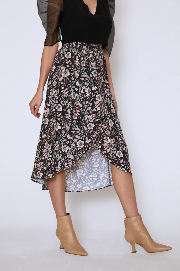Floral Patterned Wrap Skirt Black