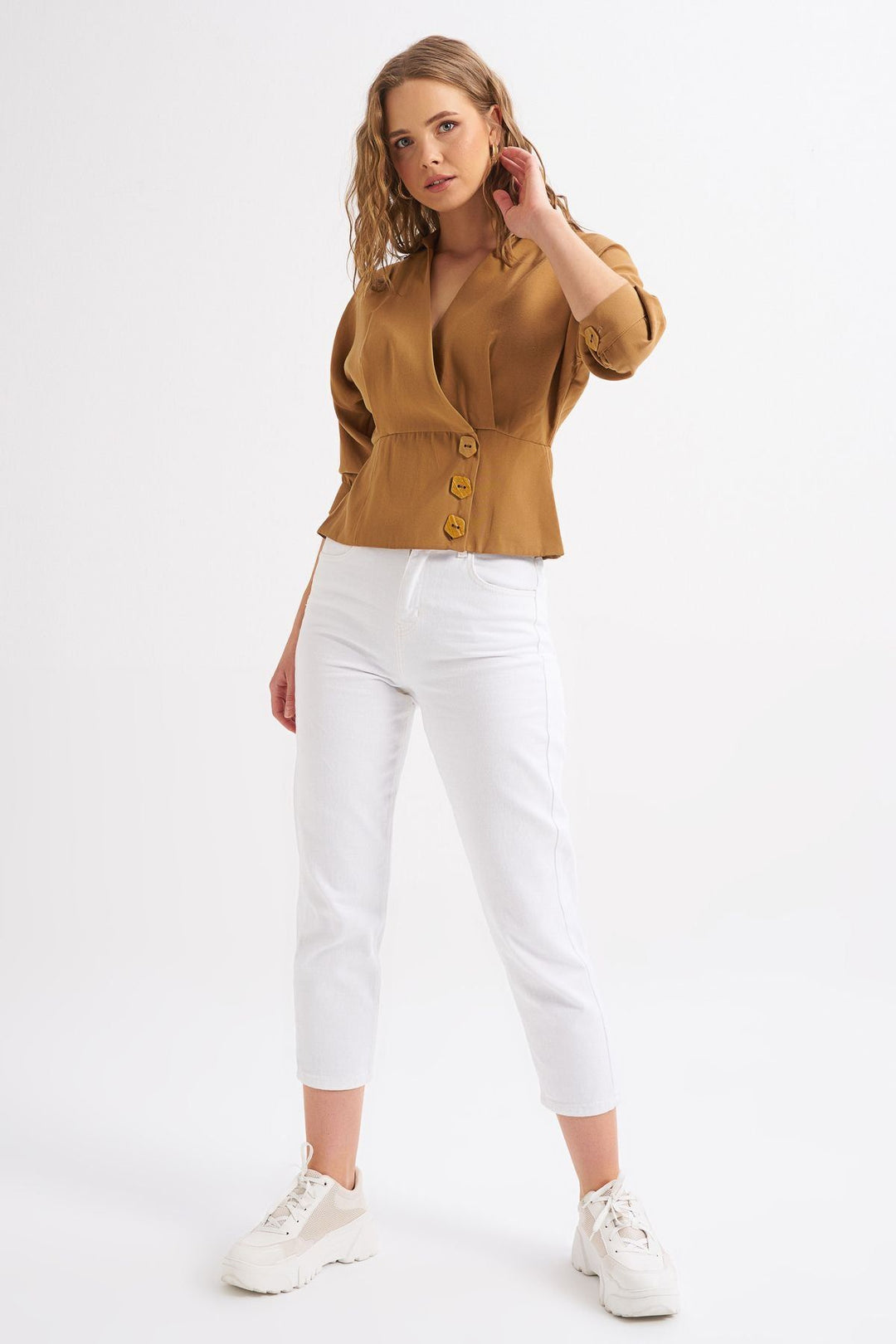 Button Detailed Double Breasted Shirt Camel