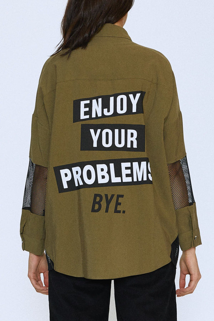 Back Printed Mesh Tencel Shirt Khaki