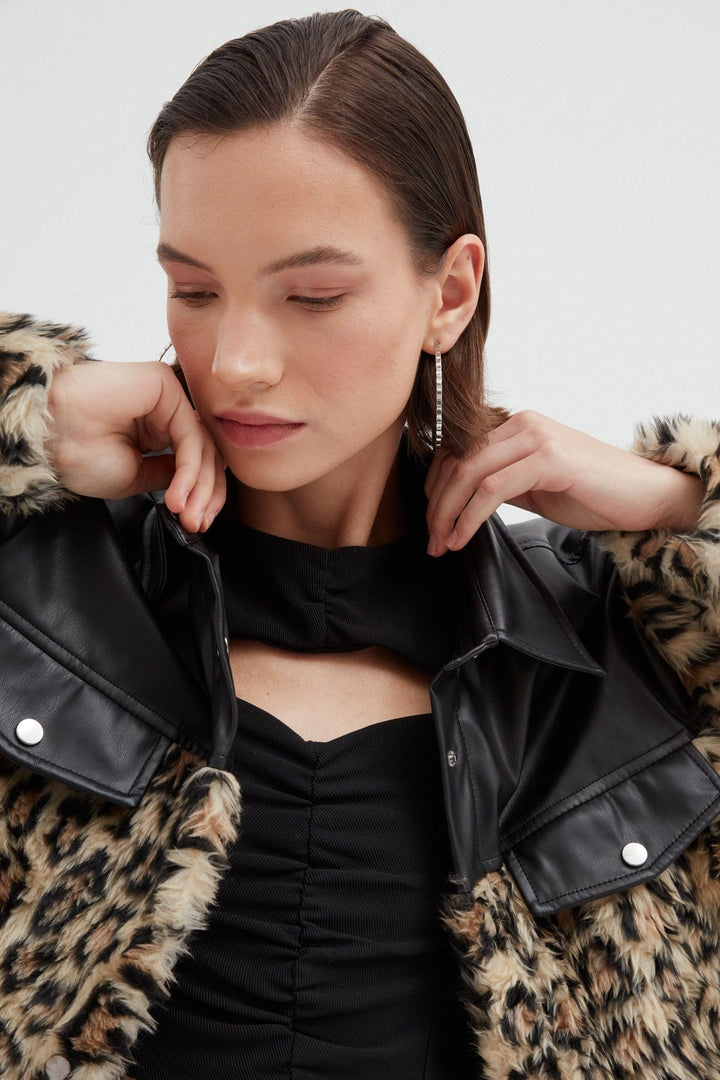 Deri Detaylı Kürk Ceket Kahverengi