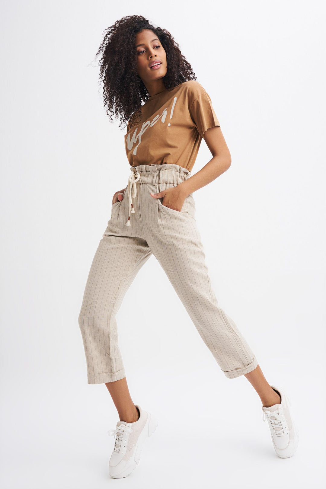 Hasır Kemerli Keten Pantolon Bej