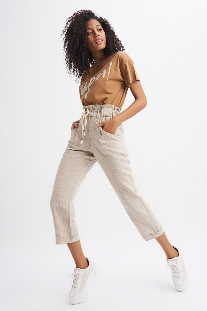 Hasır Kemerli Keten Pantolon Bej