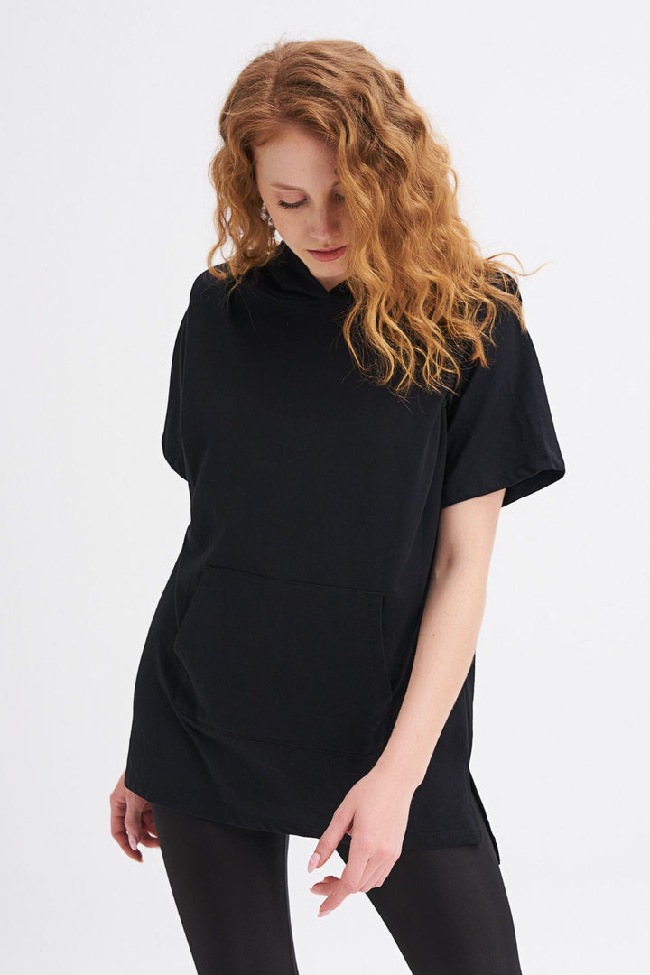 Hooded Kangaroo Pocket Long Sweatshirt Black