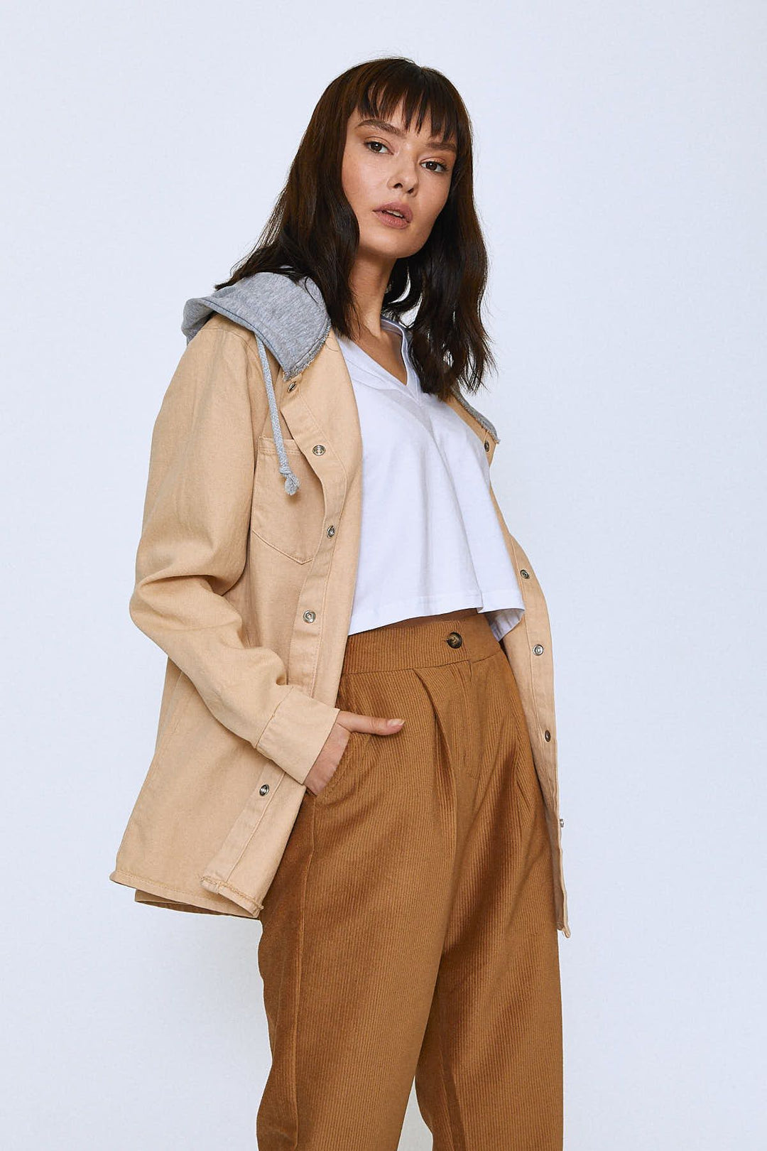 Hooded Shirt Jacket with Pockets Beige