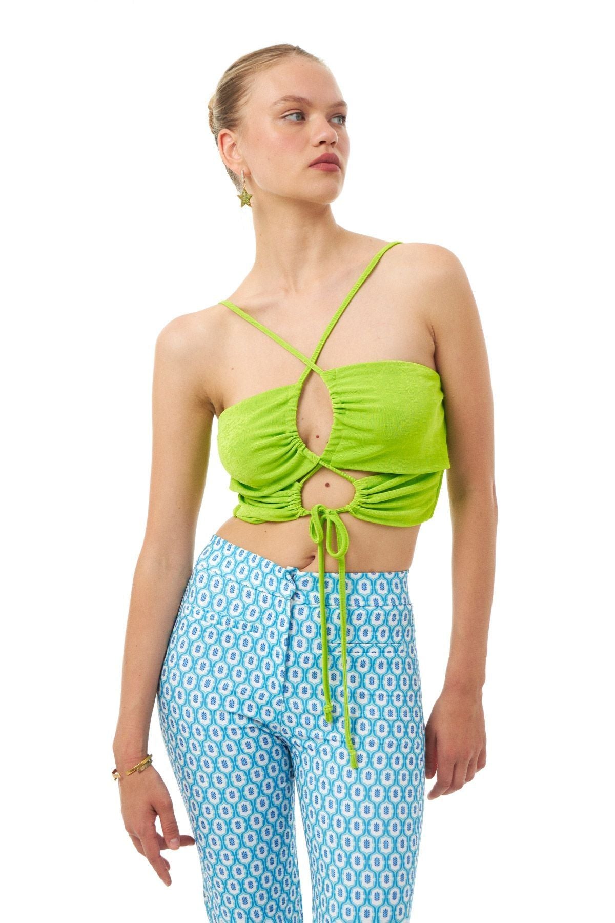 Sırtı Çapraz Crop Bluz Neon Yeşil