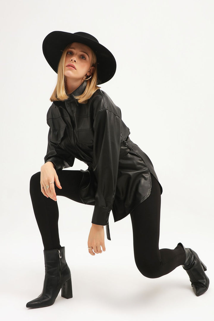 Kemerli Cepli Deri Gömlek Siyah