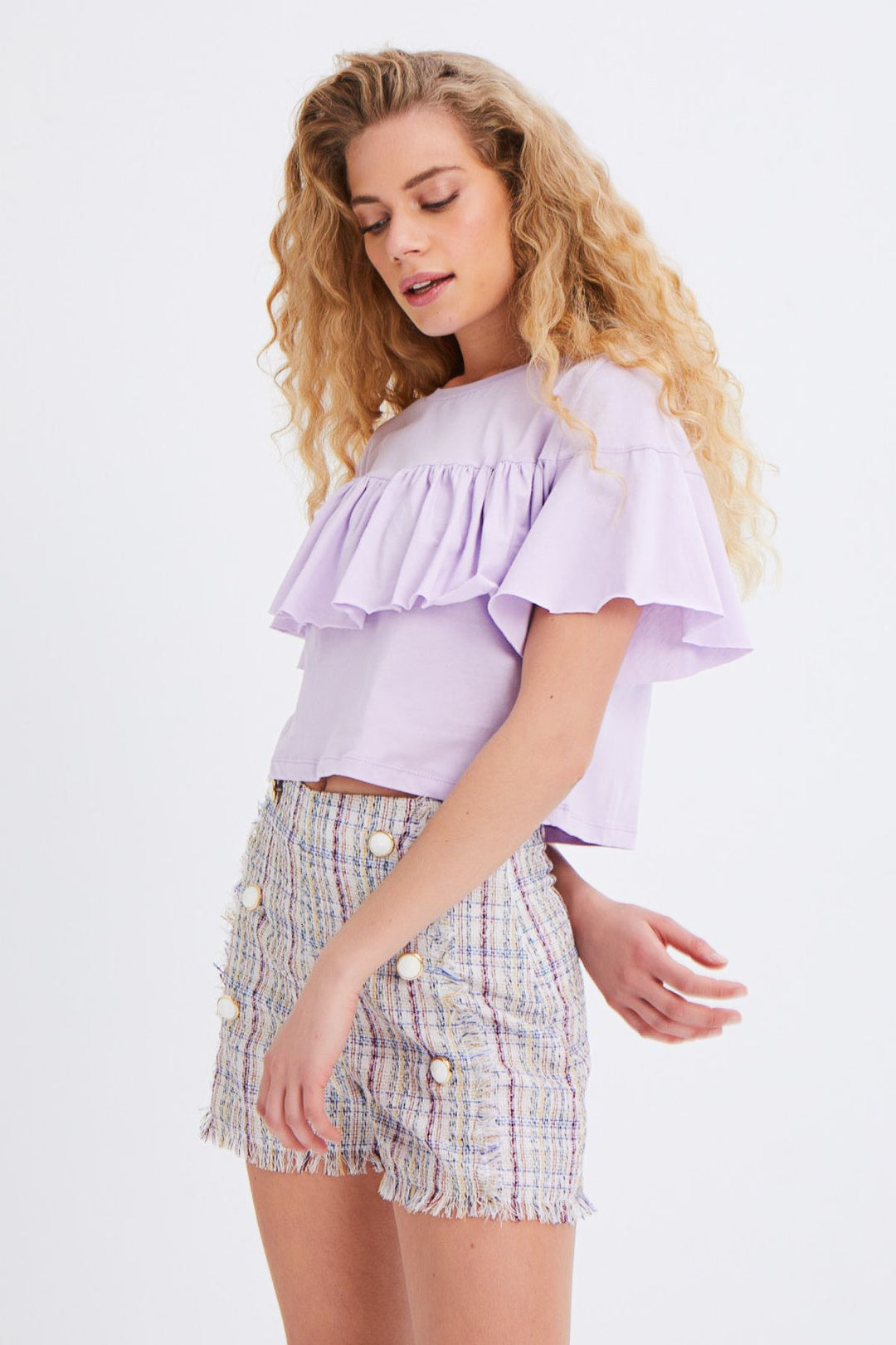 Fırfırlı Crop Tişört Lila