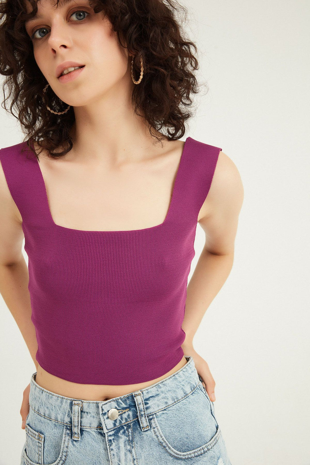 Strap Square Collar Knitwear Purple