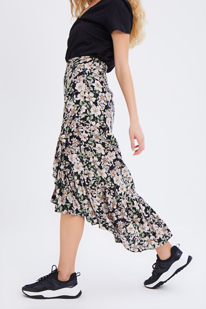 Floral Patterned Ruffled Asymmetrical Skirt Black
