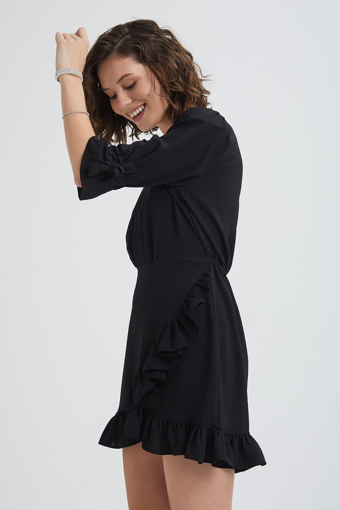 V Neck Frilly Mini Dress Black