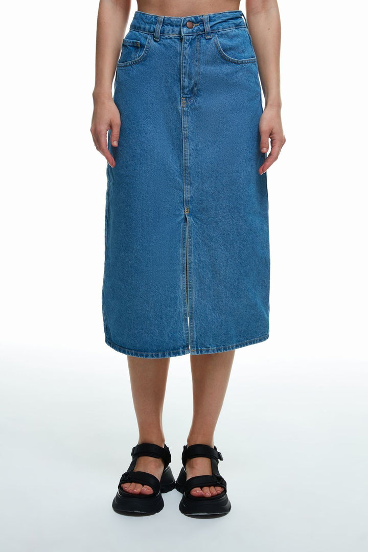 Önden Yırtmaçlı Midi Boy Kot Etek Mavi