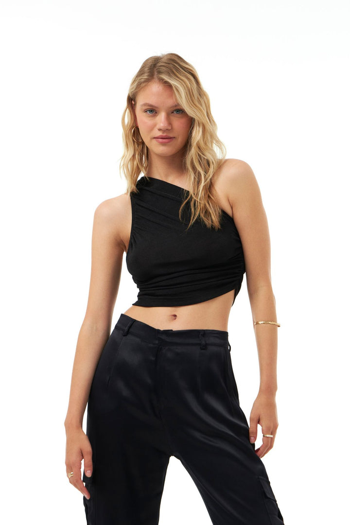 Pleated One-Shoulder Blouse Black