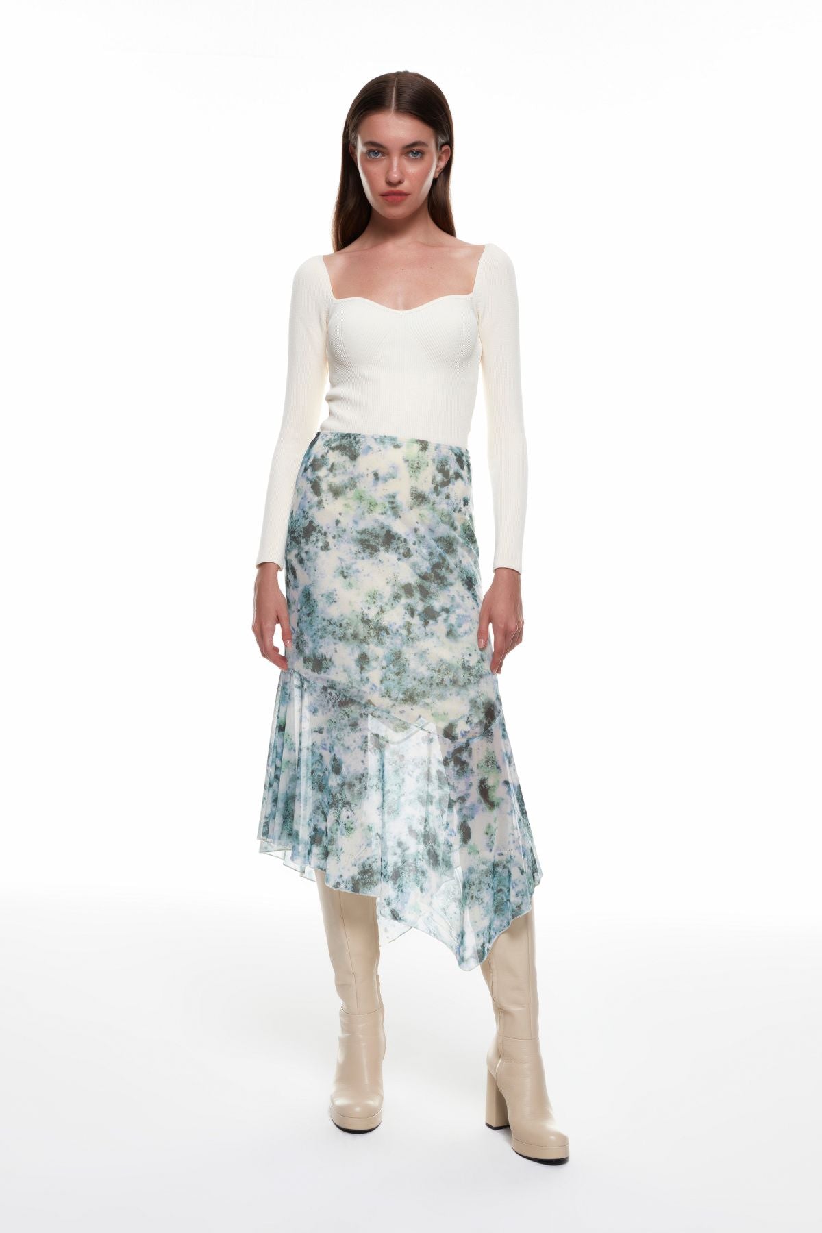 Asymmetrical Patterned Tulle Skirt Khaki