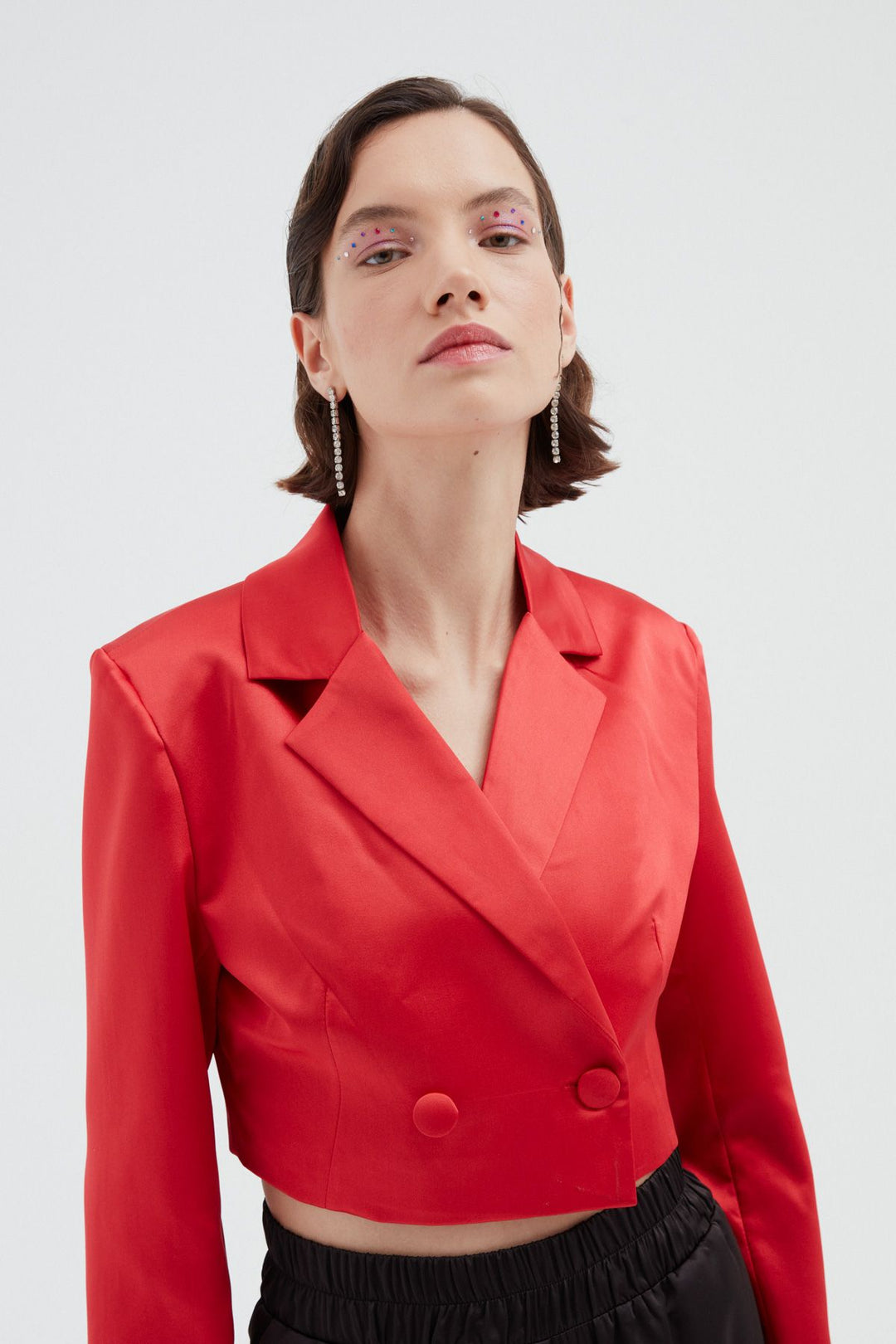 Crop Saten Blazer Ceket Kırmızı