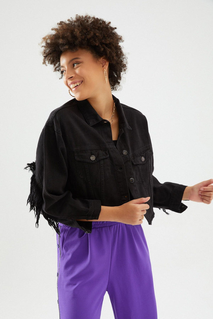 Kolları Püskül Detaylı Kot Ceket Siyah