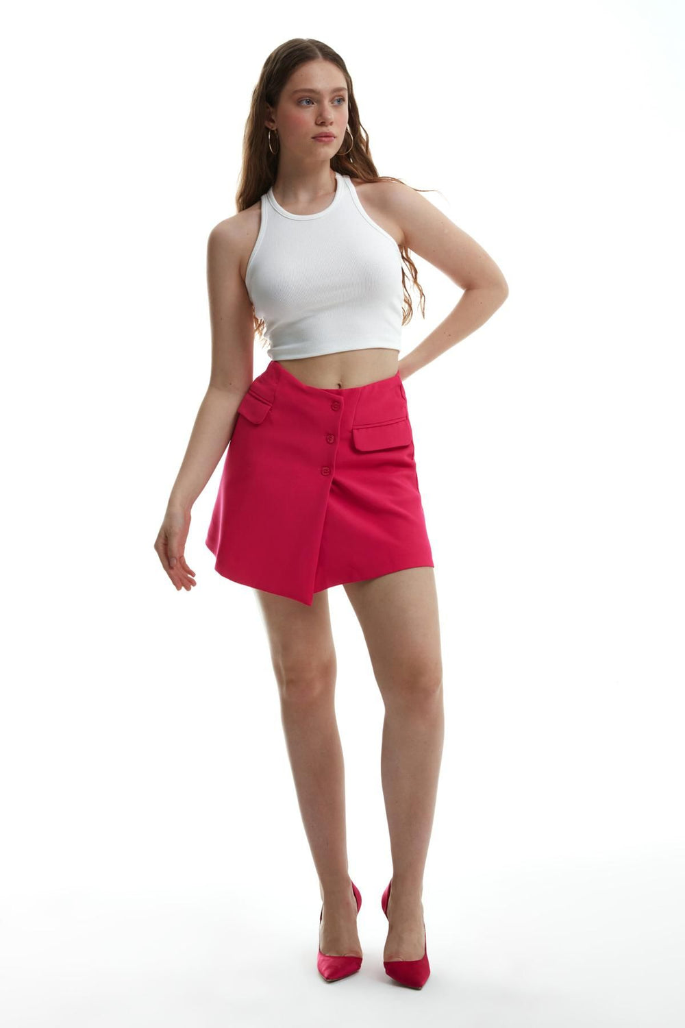 Buttoned Short Skirt Fuchsia