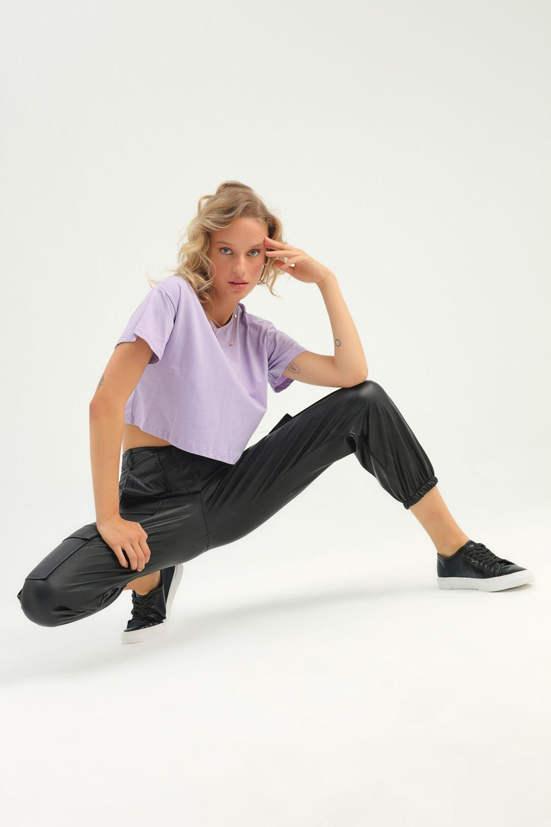 Kargo Cepli Deri Jogger Pantolon Siyah