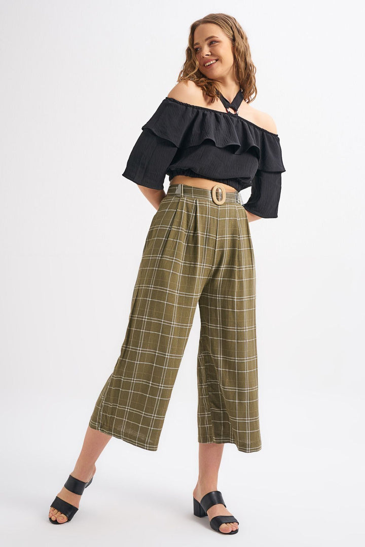 Belt Detailed Plaid Linen Trousers Khaki