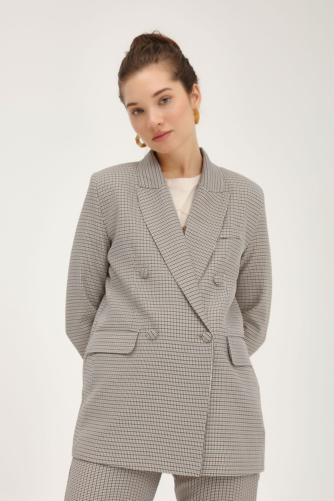 Çizgili Blazer Ceket Camel