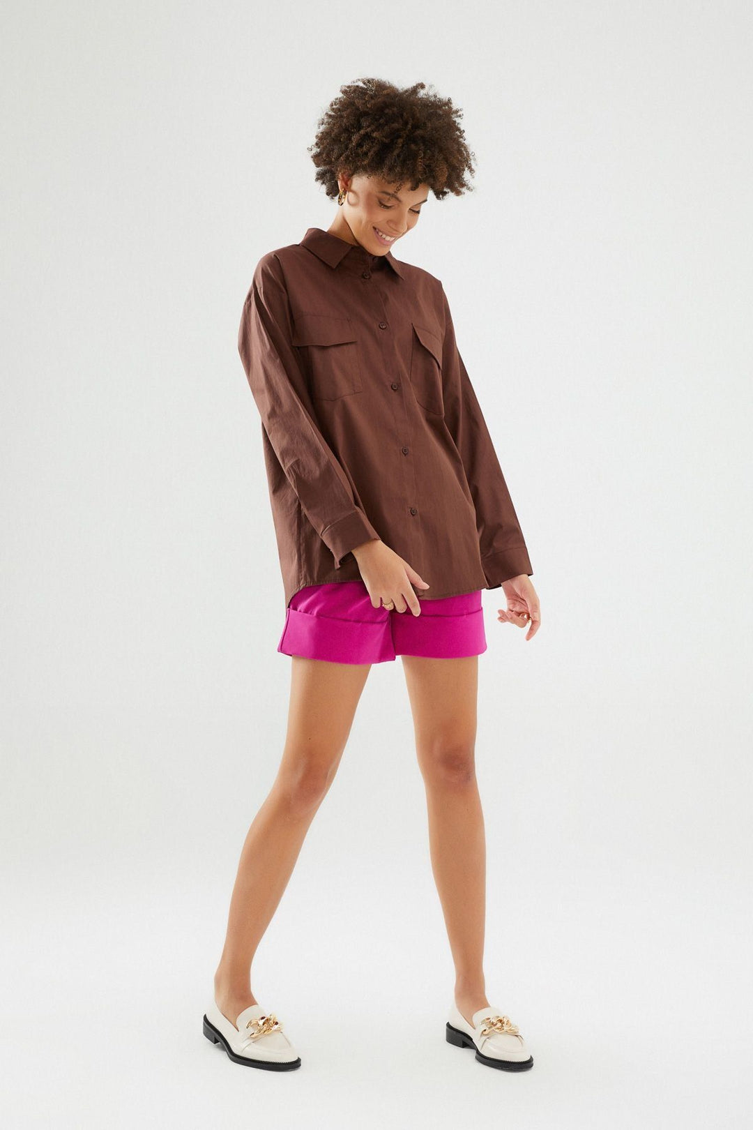 Sırt Dekolteli Oversize Gömlek Koyu Kahve