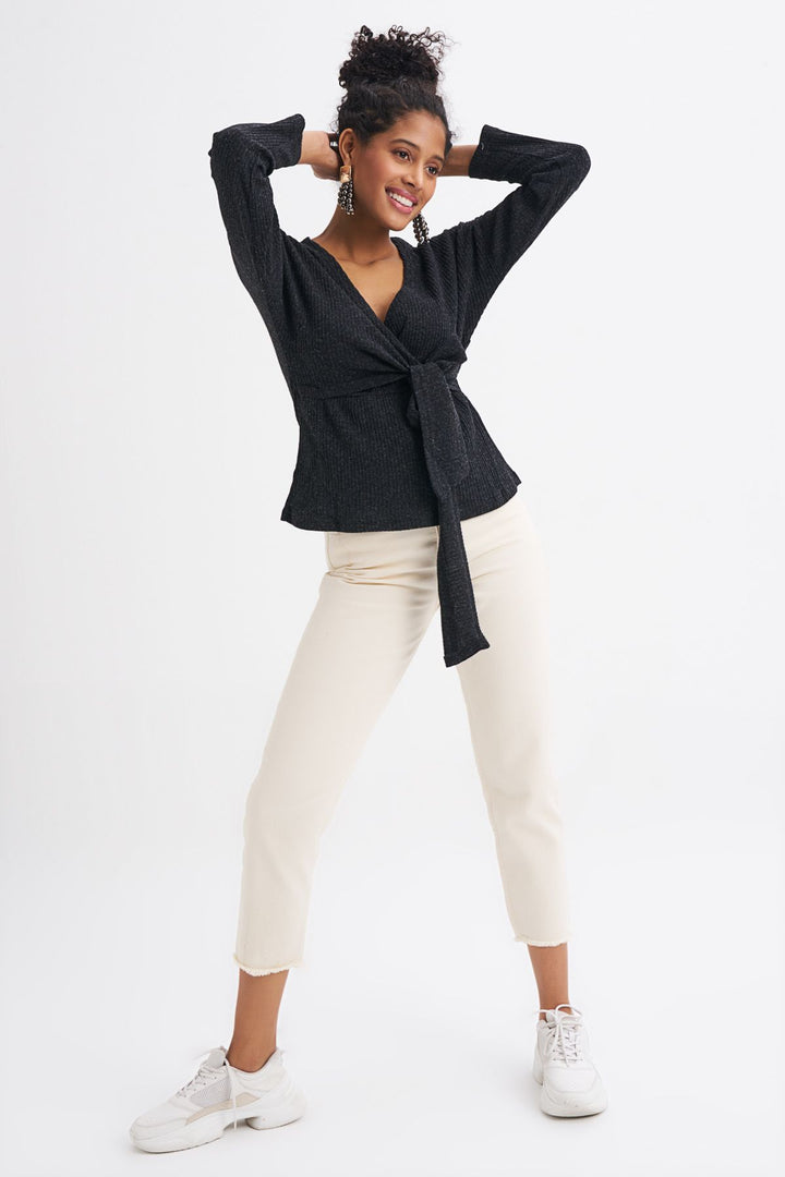 Tie Detailed Double Breasted Blouse Black