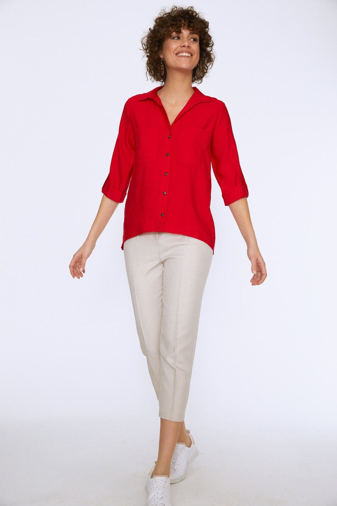 V Neck Three Quarter Sleeve Shirt Red