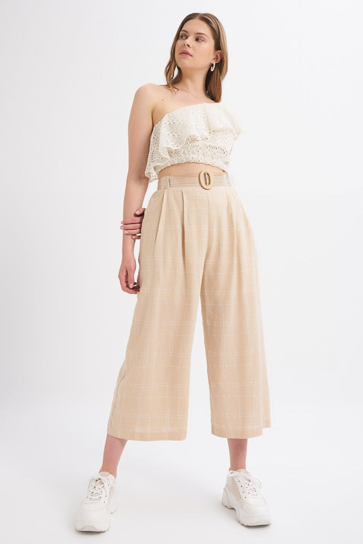 Belt Detailed Plaid Linen Trousers Beige