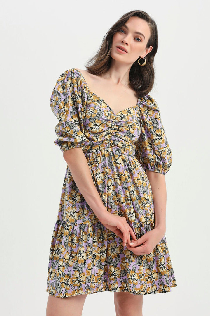 Flower Patterned Balloon Sleeve Dress Lilac