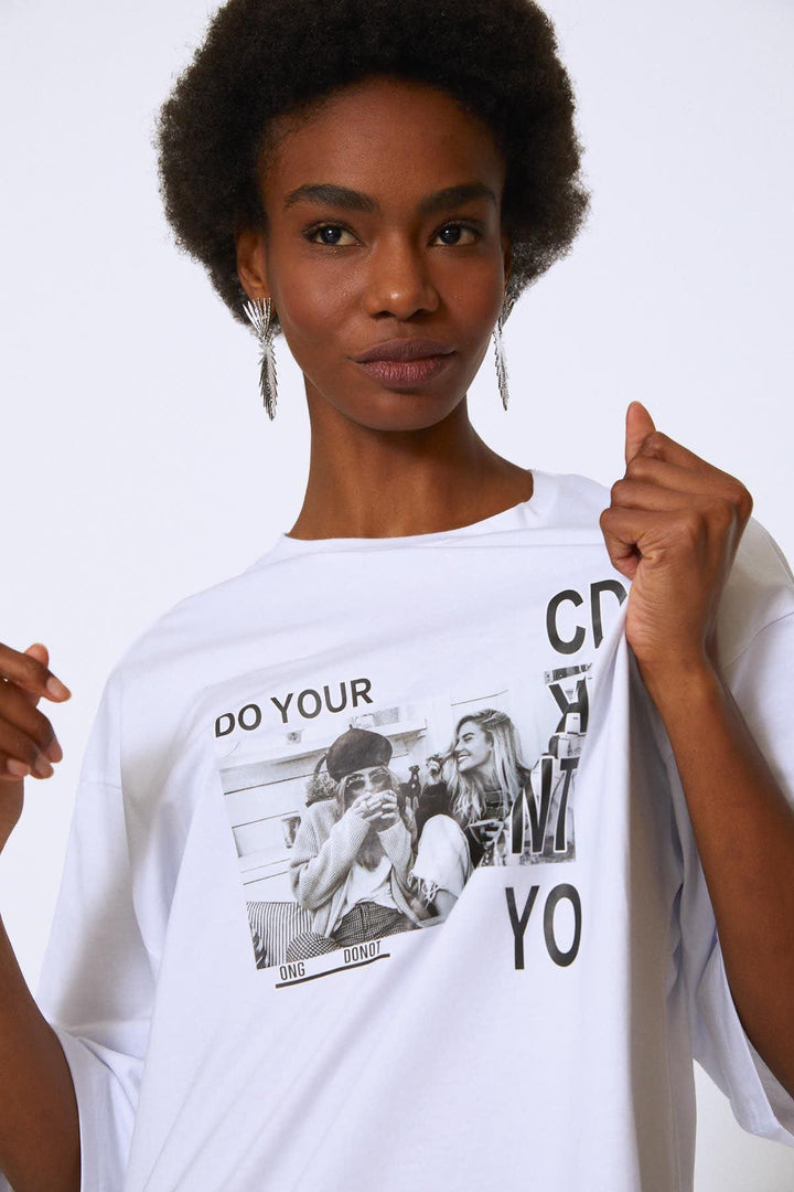 Baskılı Oversize Tişört Beyaz