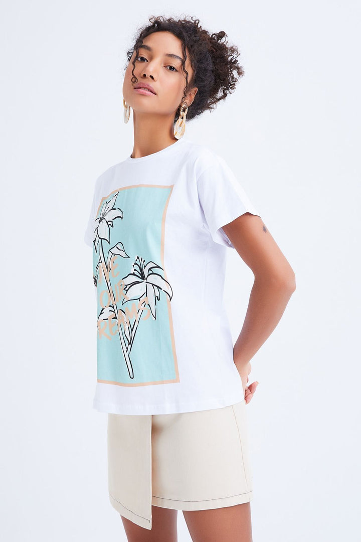 Baskılı Bisiklet Yaka Tişört Beyaz