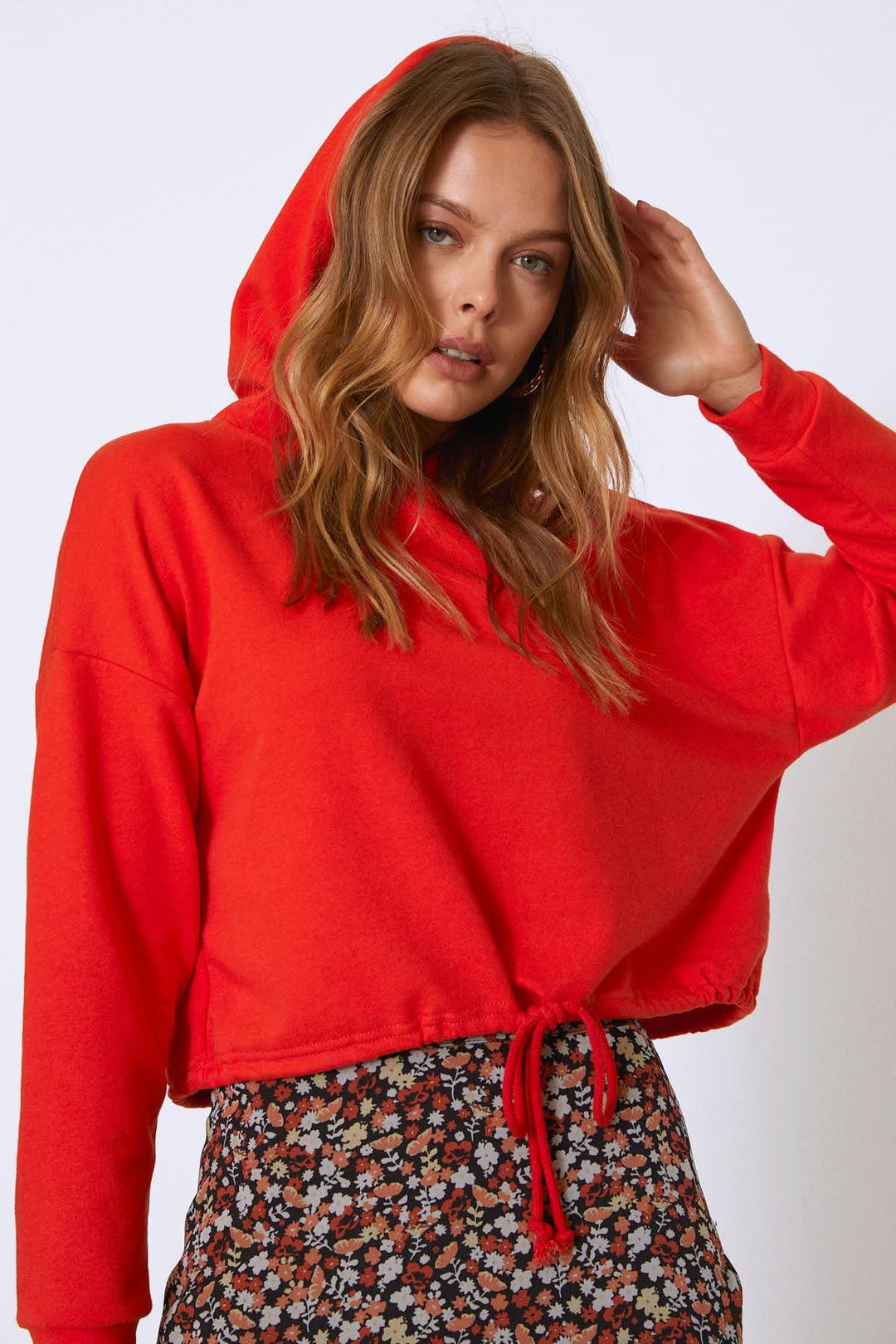 Kapüşonlu Beli Bağcıklı Sweatshirt Oranj