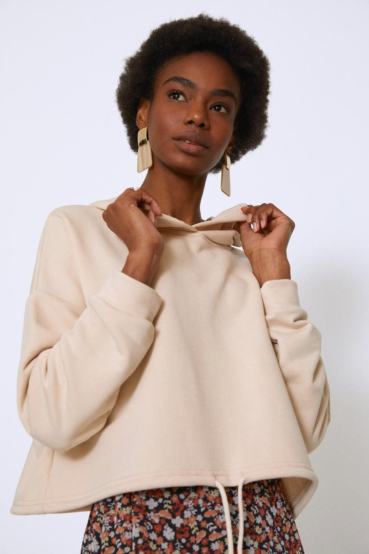 Kapüşonlu Beli Bağcıklı Sweatshirt Bej