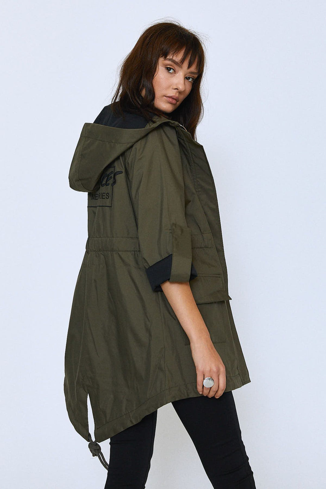 Embroidered Back Hooded Raincoat Khaki