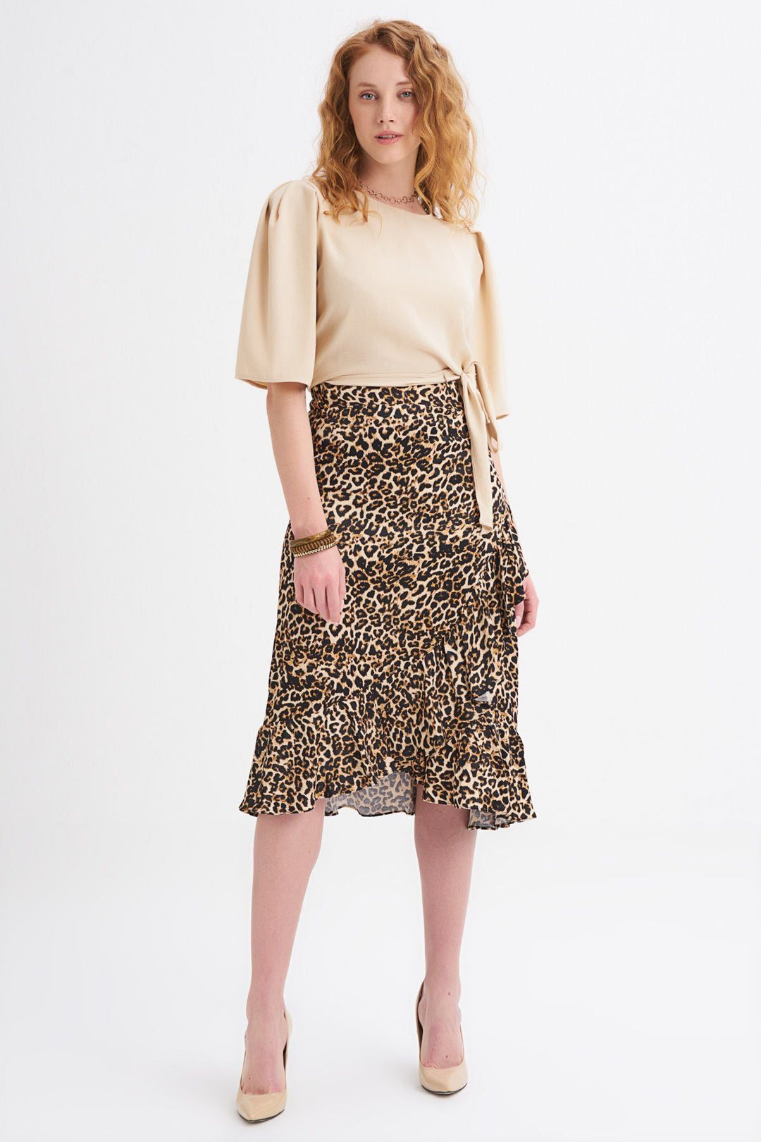 Leopard Patterned Ruffle Skirt Brown
