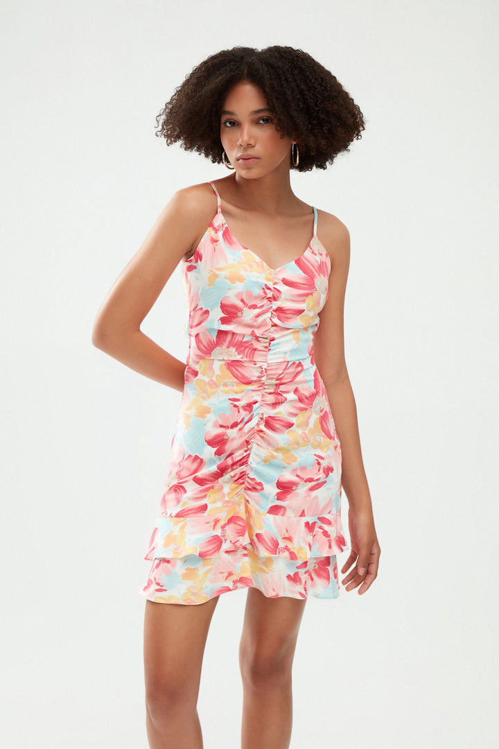 Desenli Sırt Dekolteli Askılı Elbise Pembe