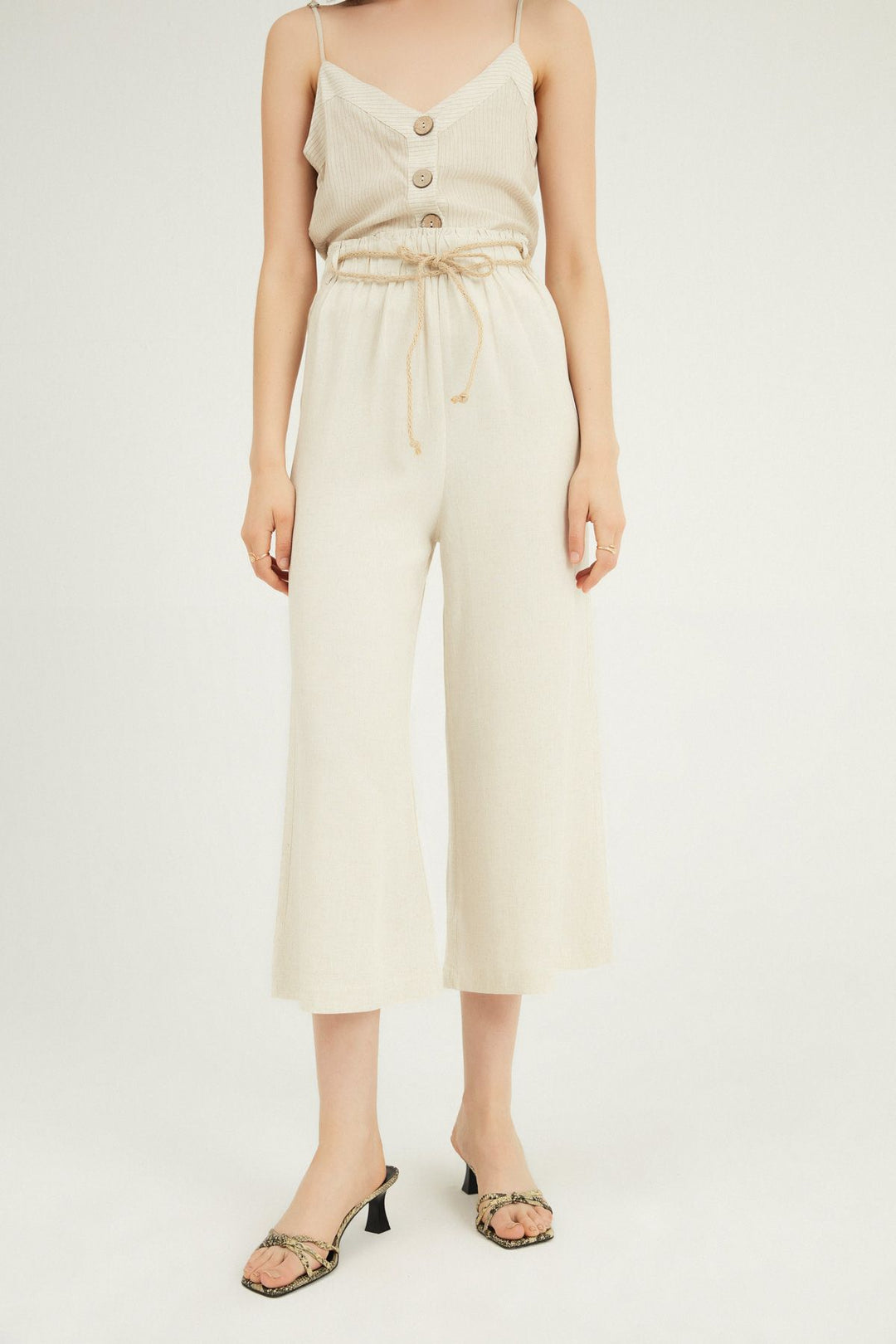 Hasır İp Kemerli Keten Pantolon Naturel