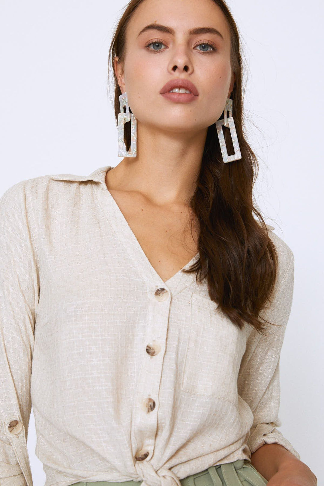 Truvakar Kol Beli Bağlamalı Keten Gömlek Naturel