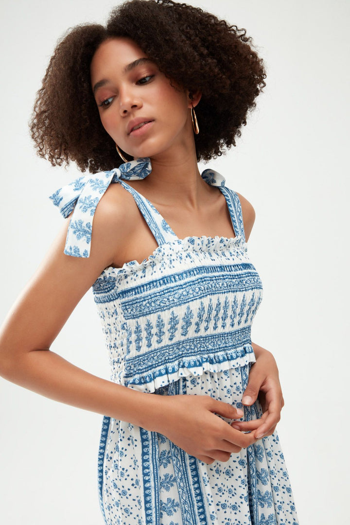 Desenli Gipeli Kalın Askılı Elbise Mavi